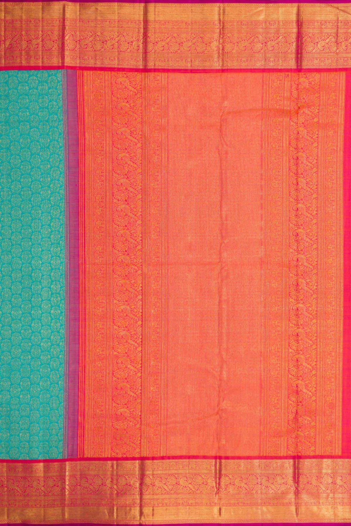 Close up image of the pallu of Peacock Blue Dual Tone Kanchipuram Silk Saree with Zari Brocade on the body and Zari Border