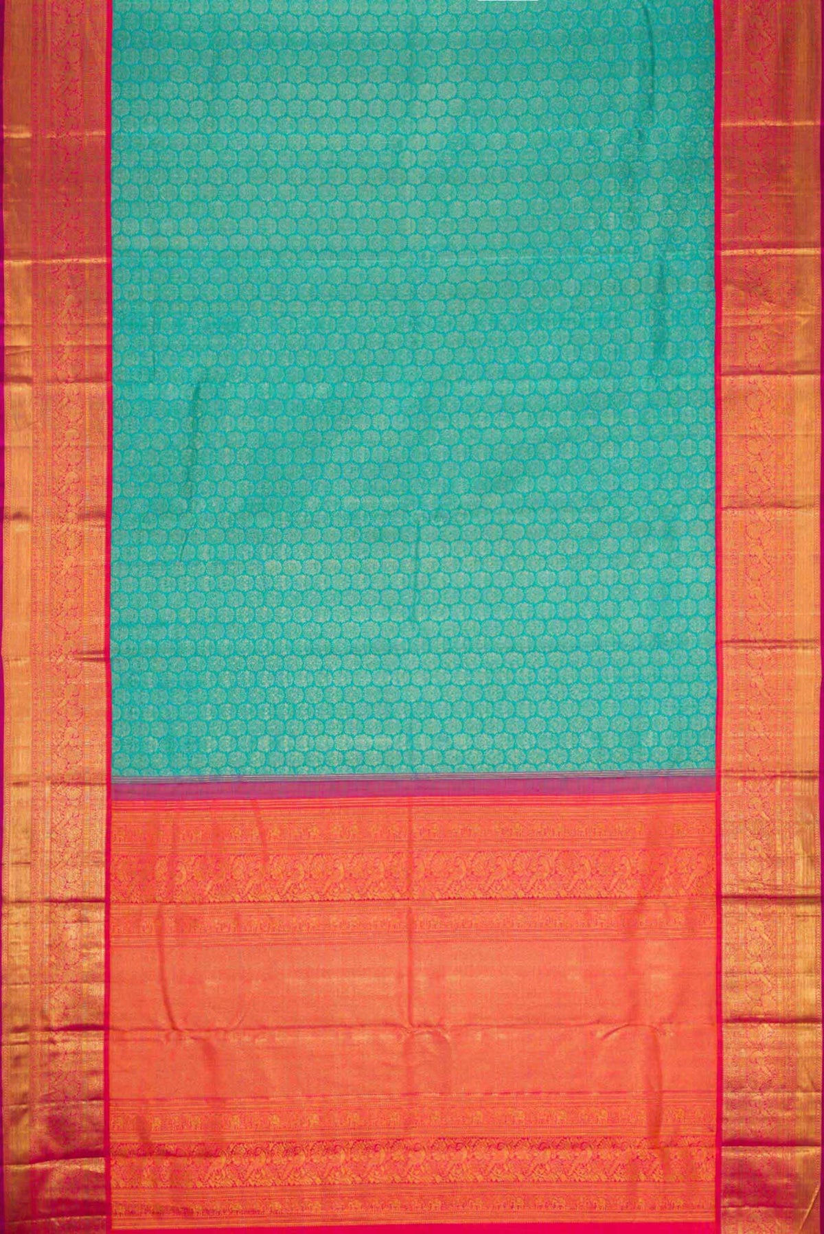 Flat view of Peacock Blue Dual Tone Kanchipuram Silk Saree with Zari Brocade on the body and Zari Border