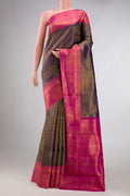 Navy Blue Dual Tone Kanchipuram Silk Saree with Zari Brocade on the body and Zari Border displayed on a mannequin