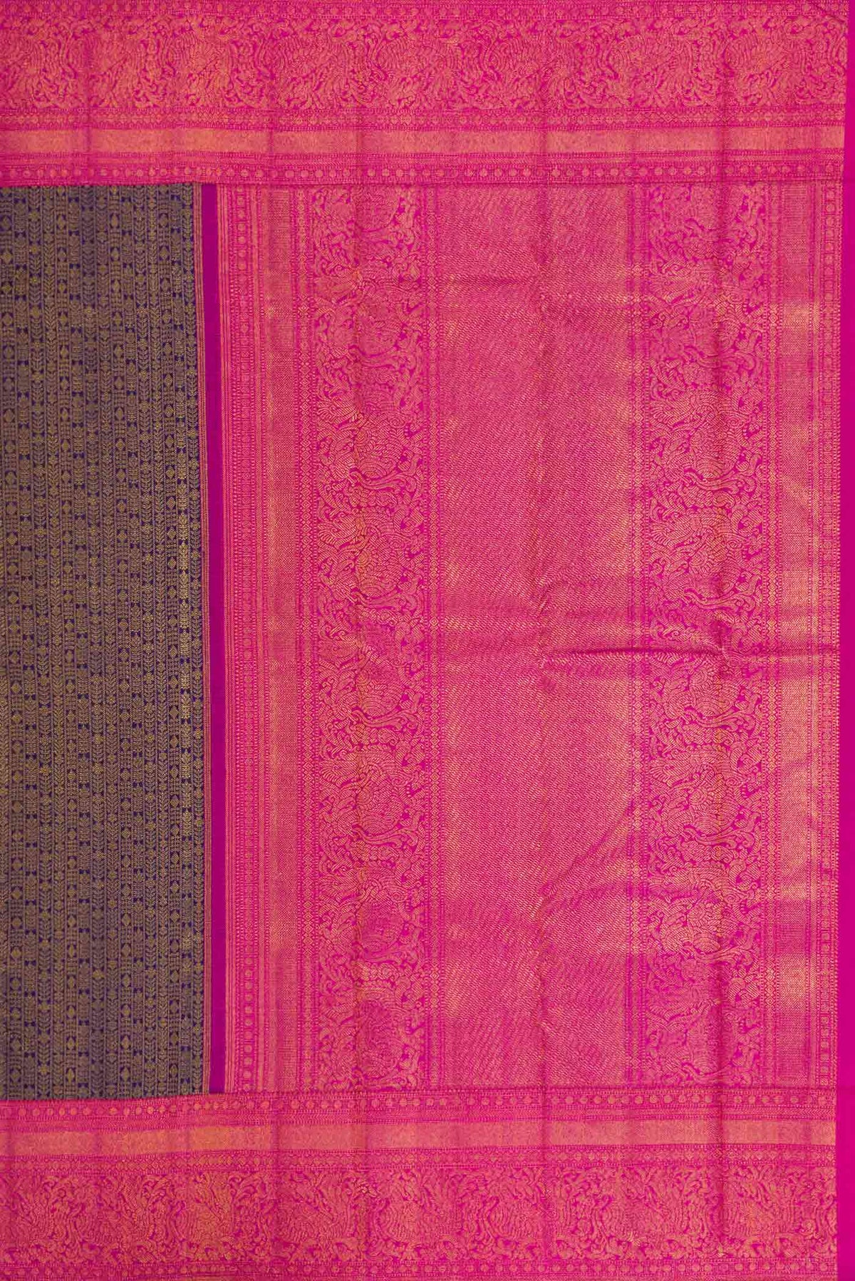 Close up image of the pallu of Navy Blue Dual Tone Kanchipuram Silk Saree with Zari Brocade on the body and Zari Border