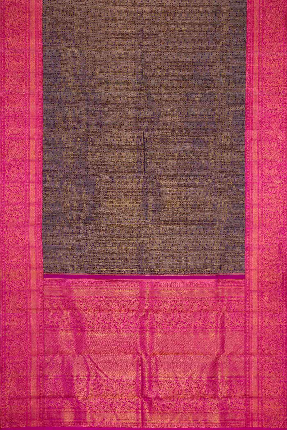 Flat view of Navy Blue Dual Tone Kanchipuram Silk Saree with Zari Brocade on the body and Zari Border