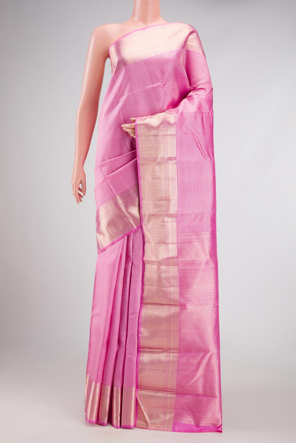 Pink Dual Tone Kanchipuram Silk Saree with Zari Brocade on the body and Zari Border.  displayed on a mannequin