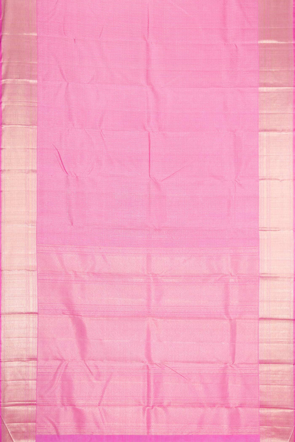 Flat view of Pink Dual Tone Kanchipuram Silk Saree with Zari Brocade on the body and Zari Border. 