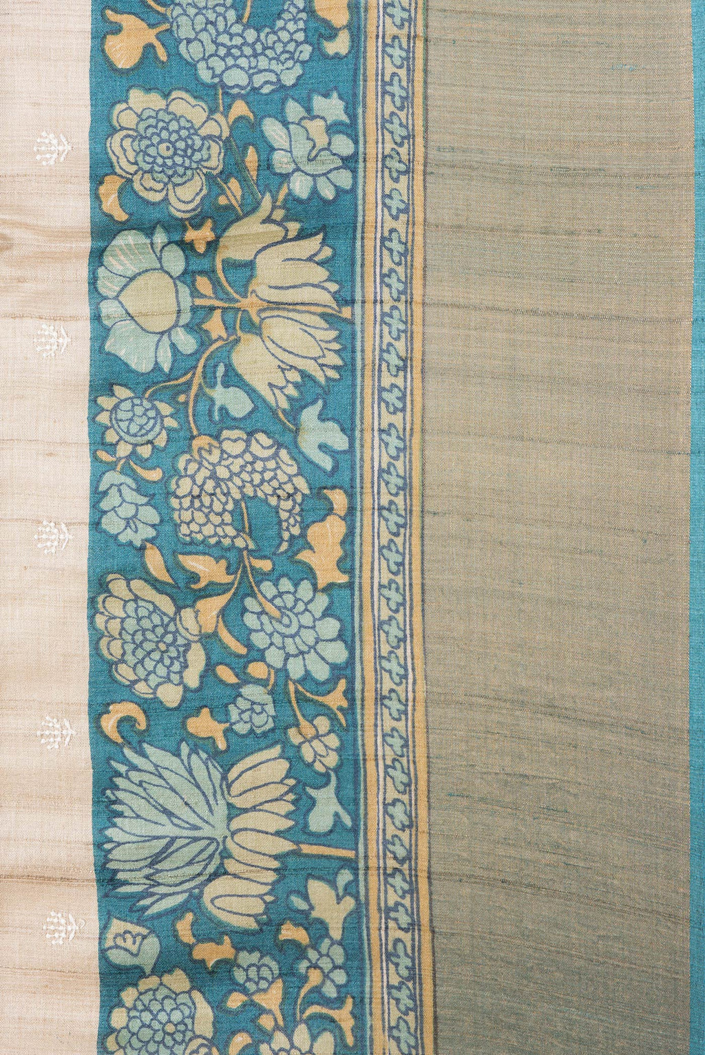 Border image of Beige Dual Tone Tussar Silk Saree with Embroidery on the body and Printed Border. 