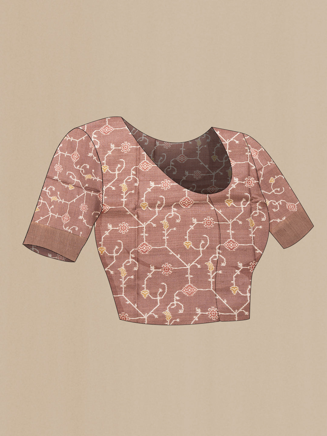 Close up image of the blouse of Brown Dual Tone Tussar Silk Saree with Embroidery on the body and Plain Border. 