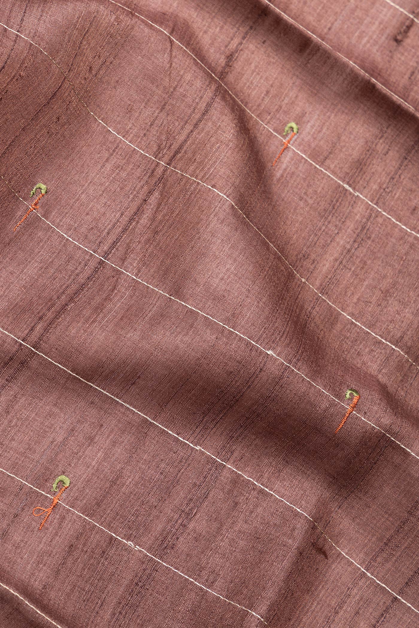 Close up of Brown Dual Tone Tussar Silk Saree with Embroidery on the body and Plain Border.  displaying folds