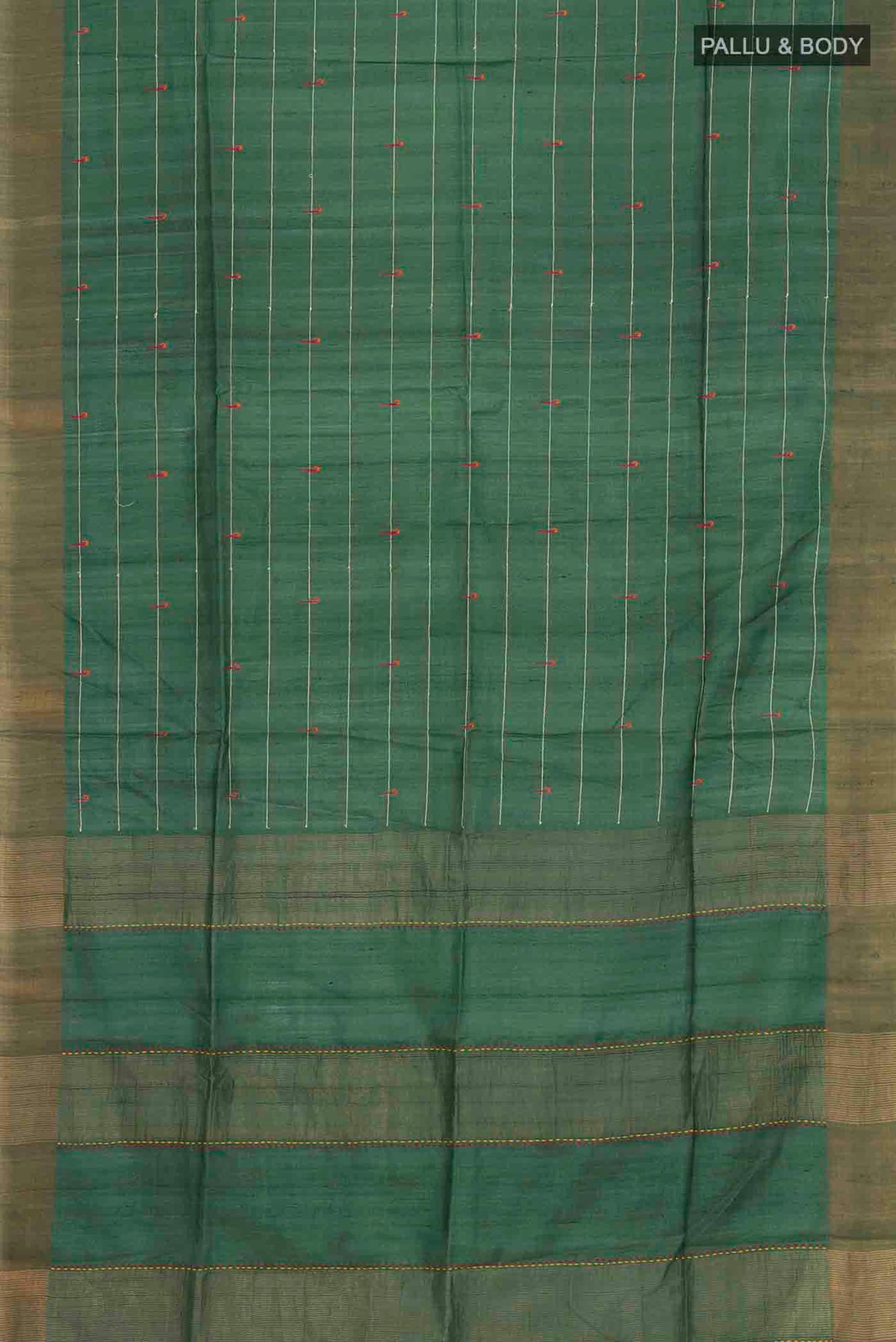 Flat view of Green Tussar Silk Saree with Stripes on the body and Zari Border