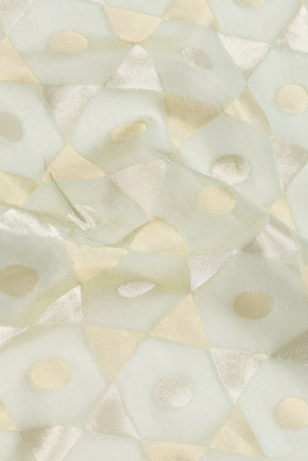 Close up of Pista Green Dual Tone Organza Silk Saree with Zari Brocade on the body and Embroidery Border.  displaying folds