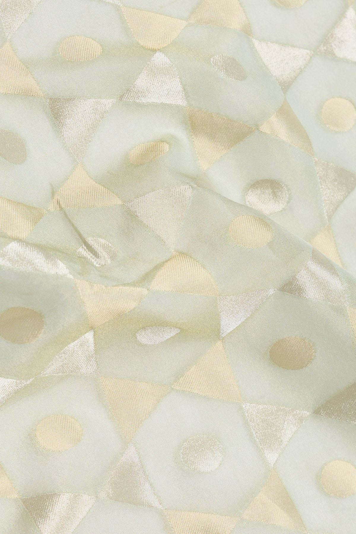 Close up of Pista Green Dual Tone Organza Silk Saree with Zari Brocade on the body and Embroidery Border.  displaying folds