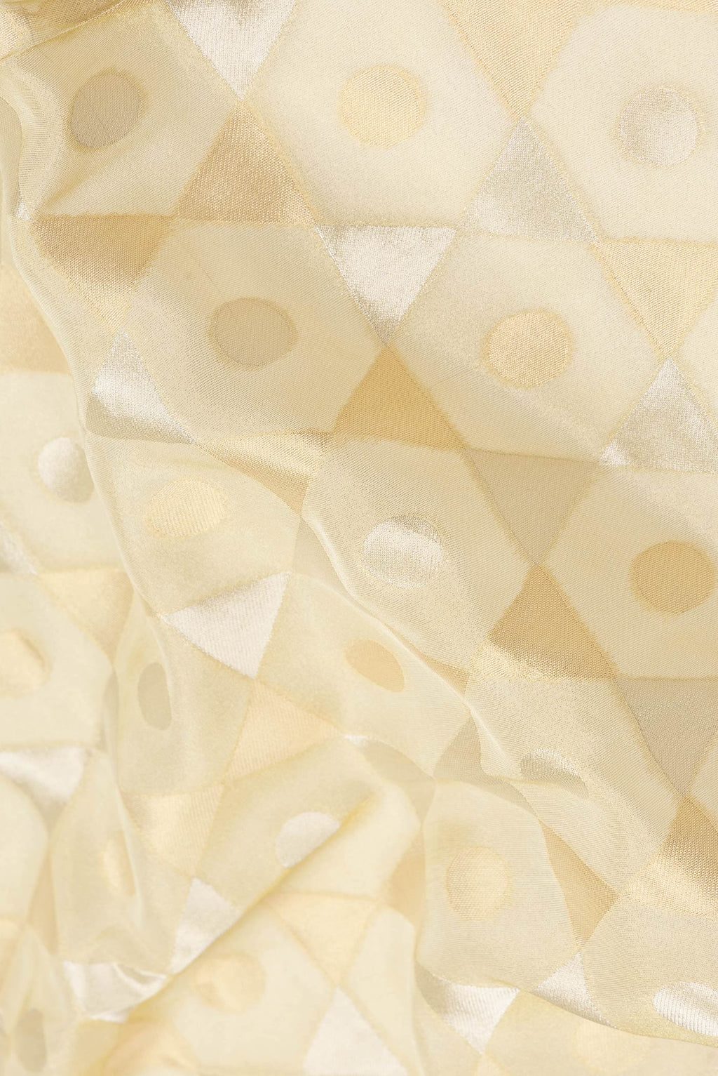 Close up of Gold Dual Tone Organza Silk Saree with Zari Brocade on the body and Embroidery Border.  displaying folds