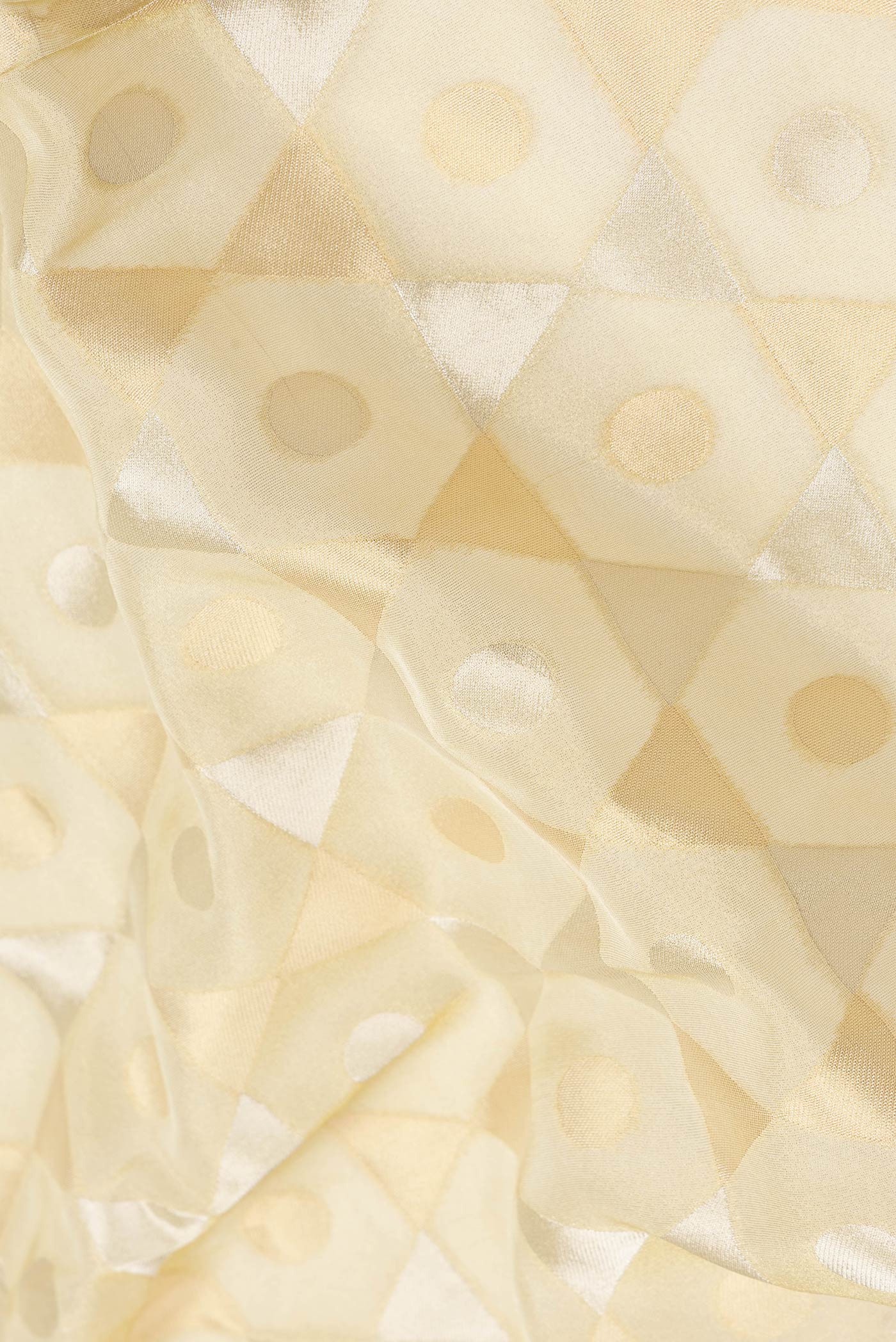 Close up of Gold Dual Tone Organza Silk Saree with Zari Brocade on the body and Embroidery Border.  displaying folds