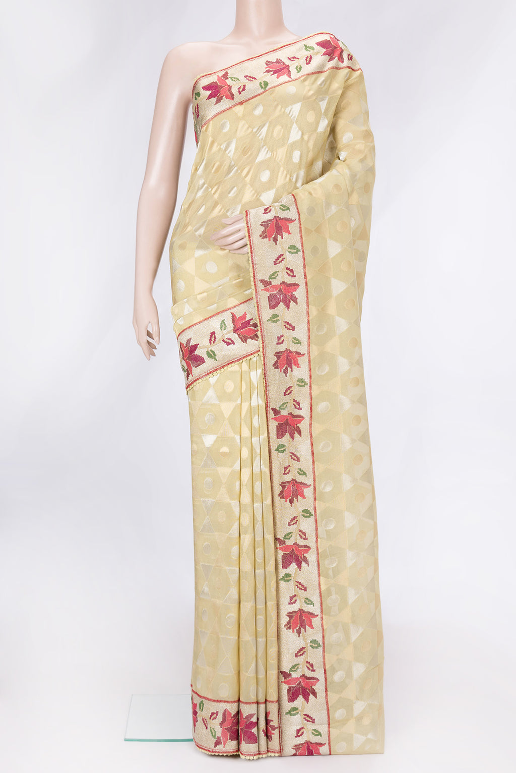 Gold Dual Tone Organza Silk Saree with Zari Brocade on the body and Embroidery Border.  displayed on a mannequin