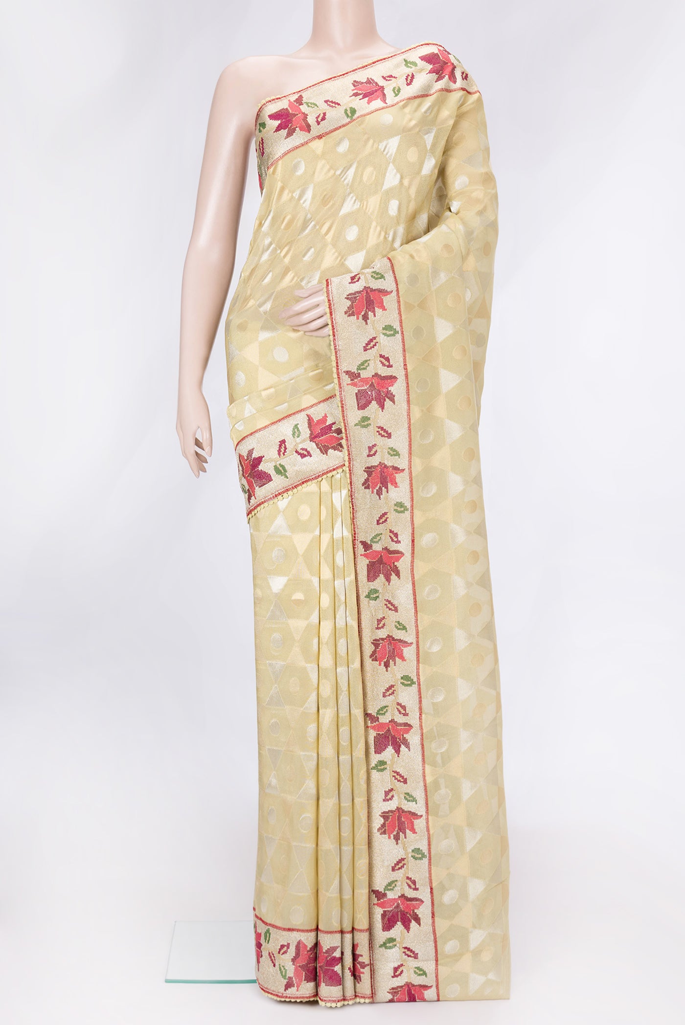 Gold Dual Tone Organza Silk Saree with Zari Brocade on the body and Embroidery Border.  displayed on a mannequin