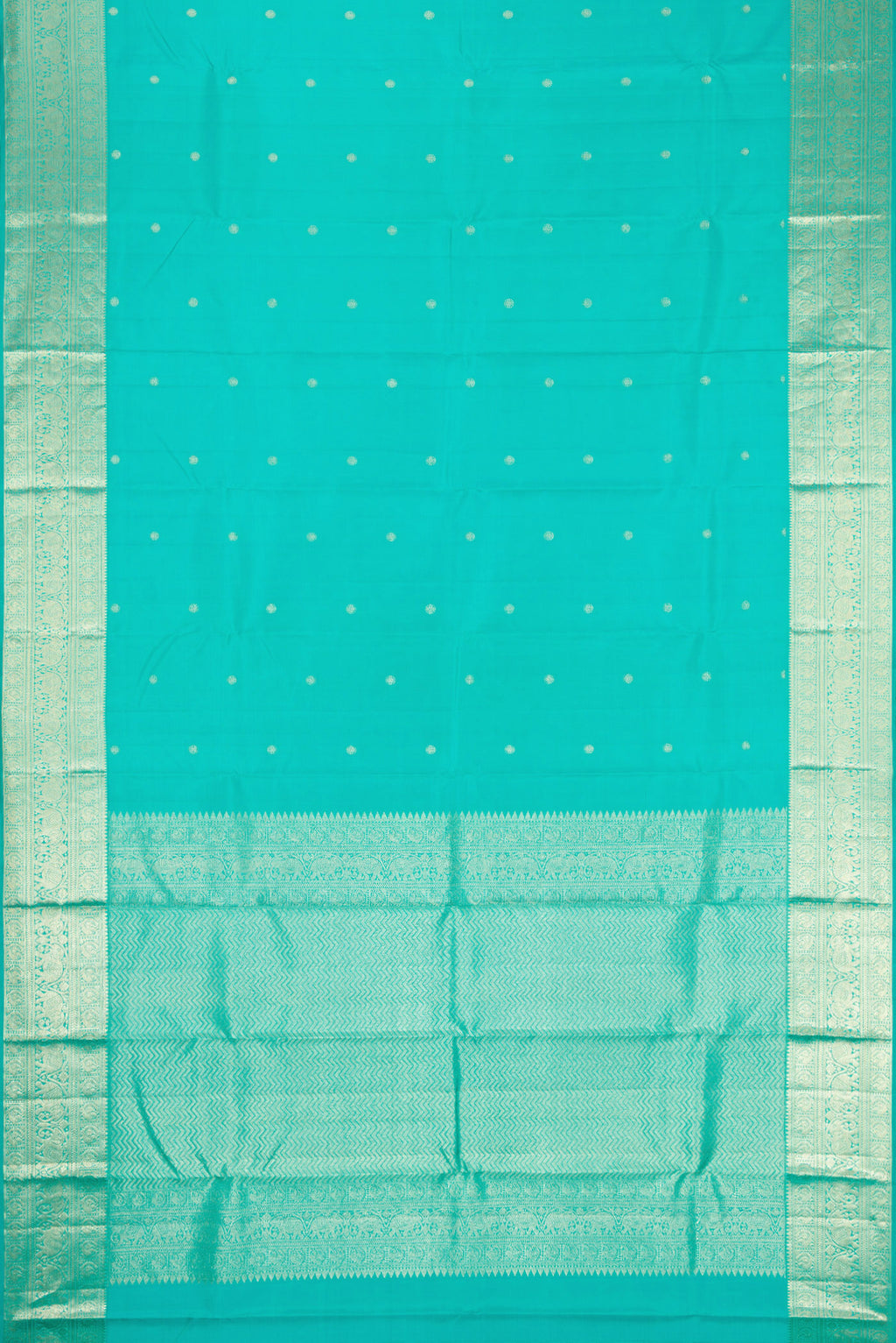Flat view of Turquoise Kanchipuram Silk Saree with Zari Butta on the body and Zari Border. 