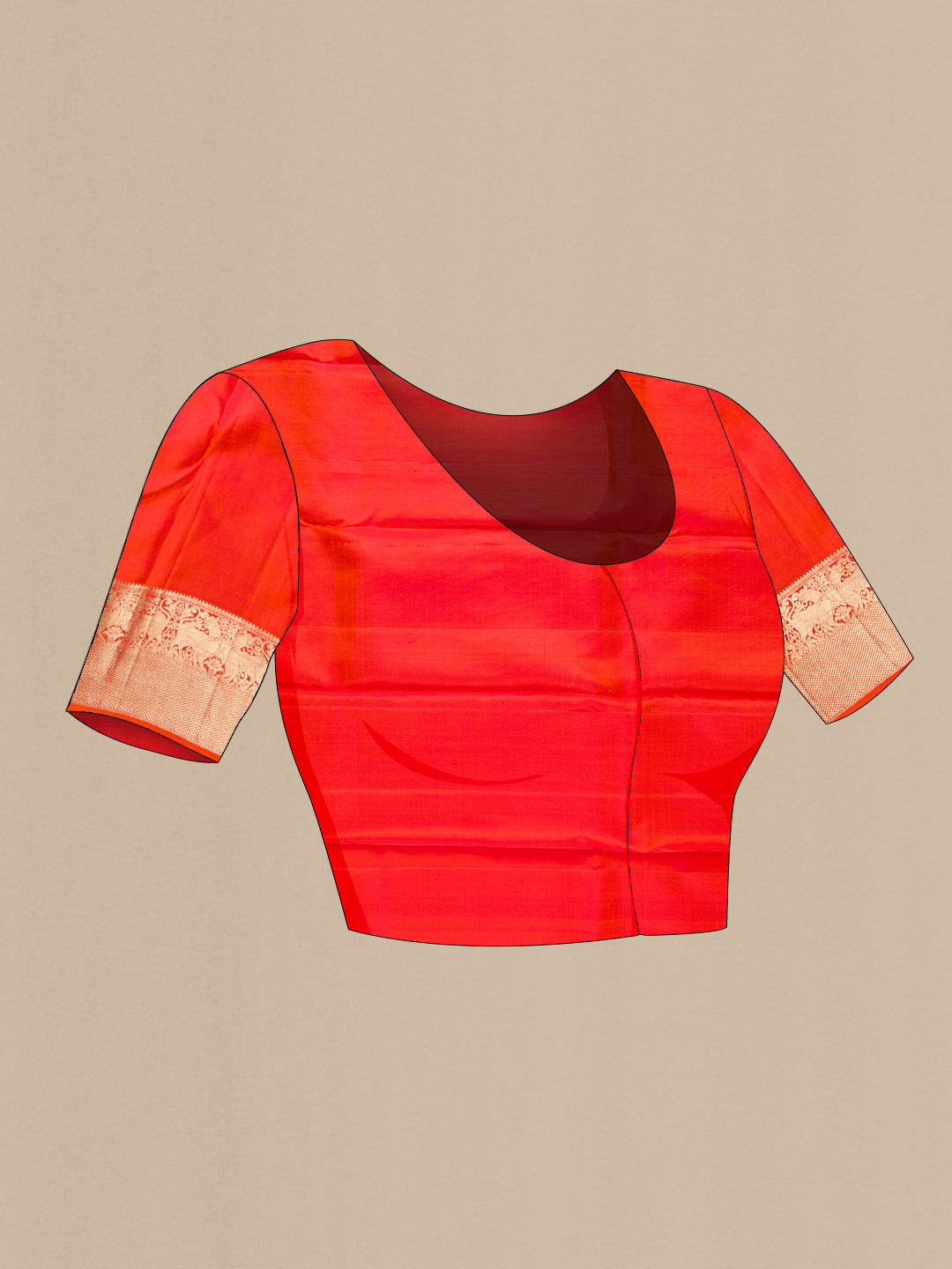 Close up image of the blouse of Orange Dual Tone Kanchipuram Silk Saree with Zari Butta on the body and Zari Border. 