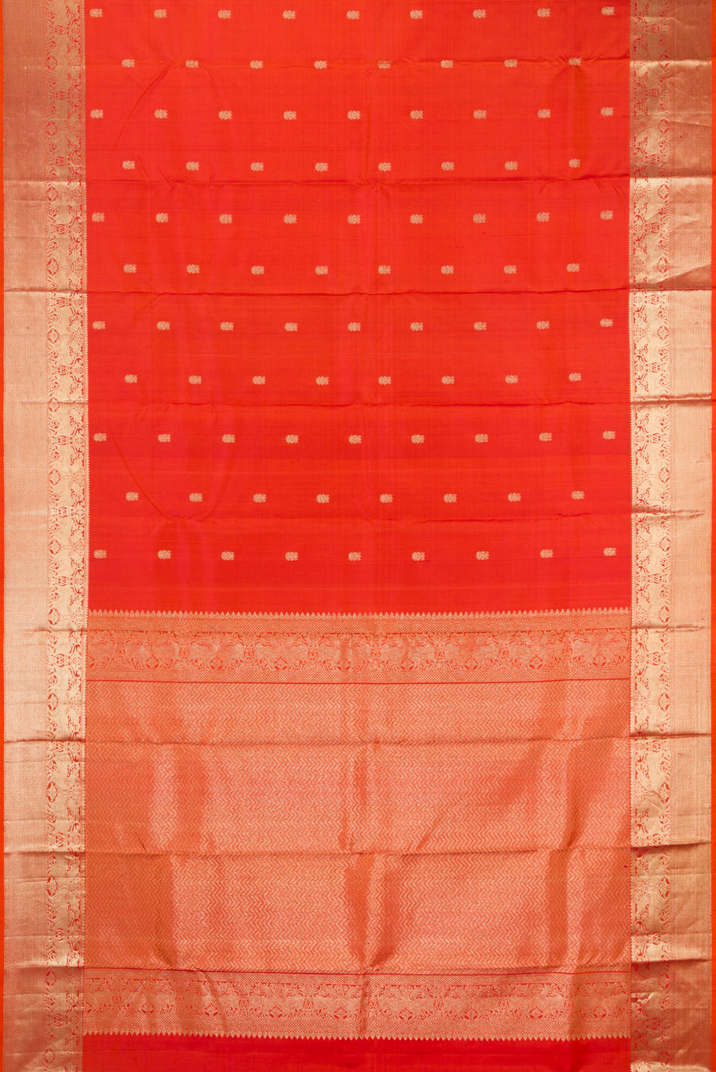 Flat view of Orange Dual Tone Kanchipuram Silk Saree with Zari Butta on the body and Zari Border. 
