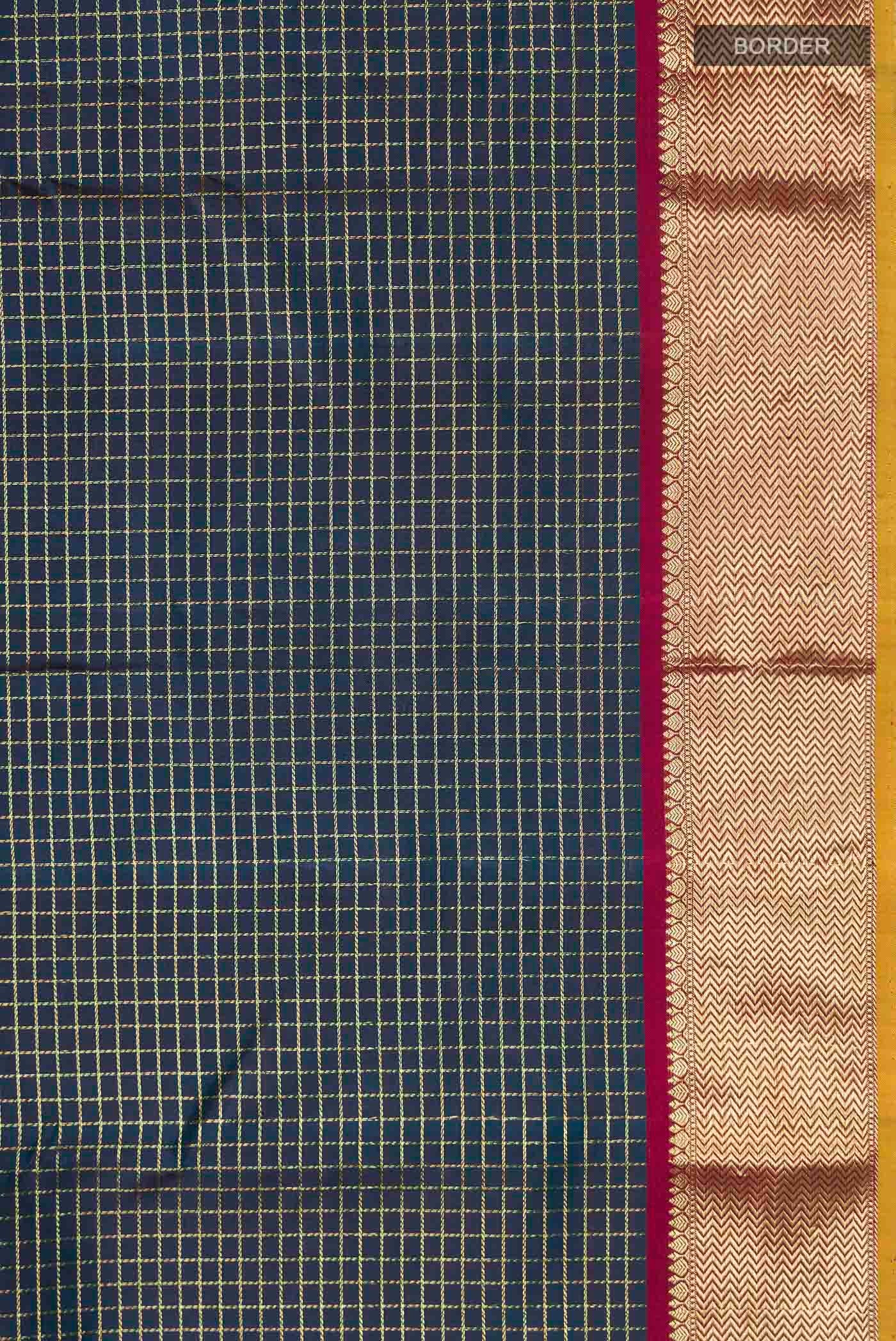 Border image of Blue Kanchipuram Silk Saree with Checked design on the body and Zari Border