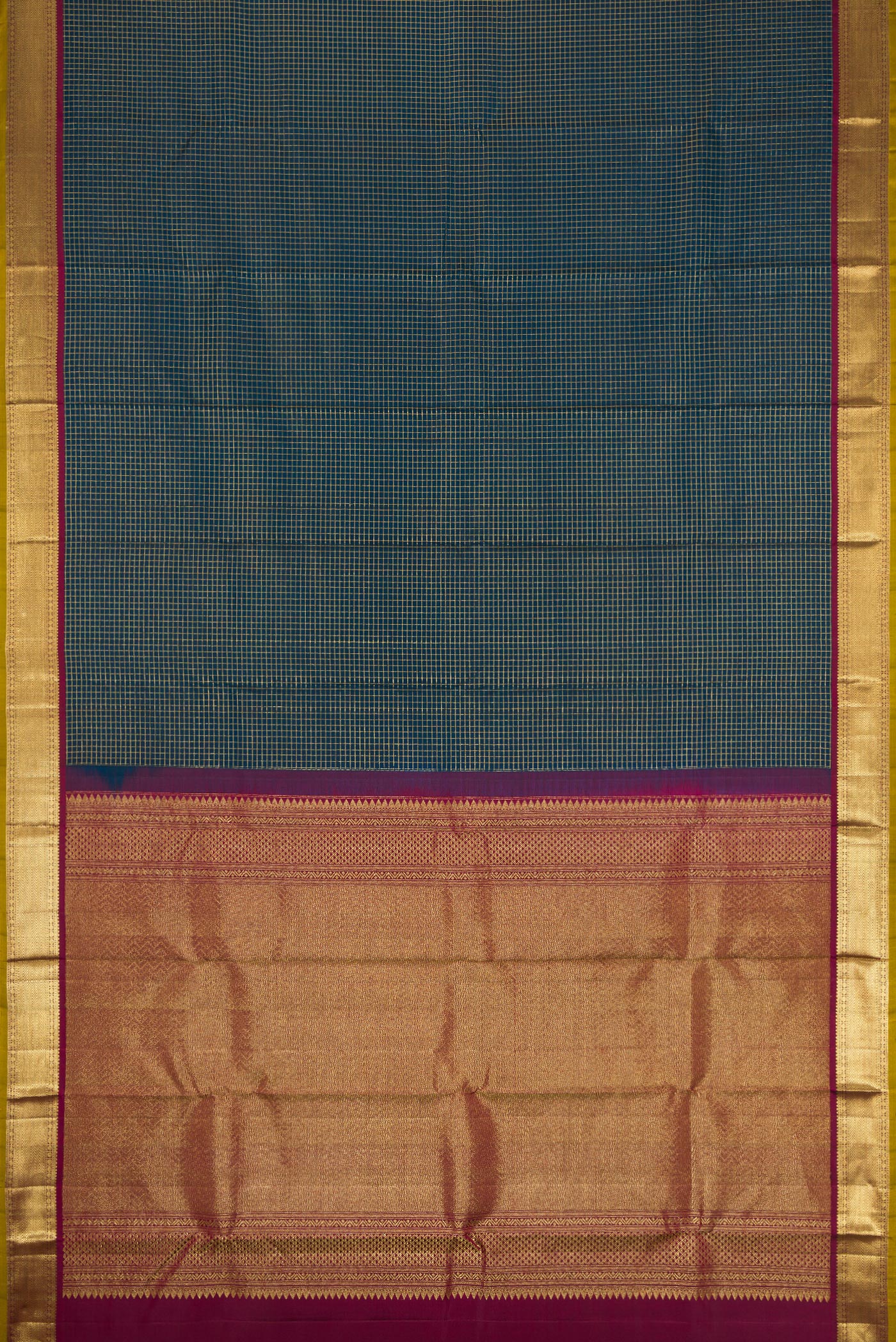 Flat view of Peacock Blue Dual Tone Kanchipuram Silk Saree with Checked design on the body and Zari Border. 