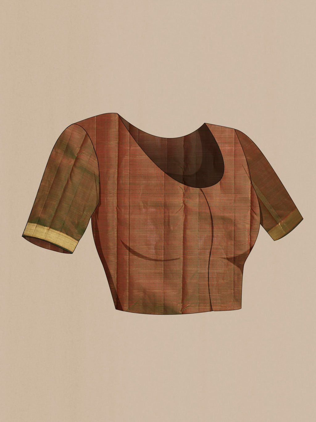 Close up image of the blouse of Mustard Kanchipuram Silk Saree with Stripes on the body and Zari Border