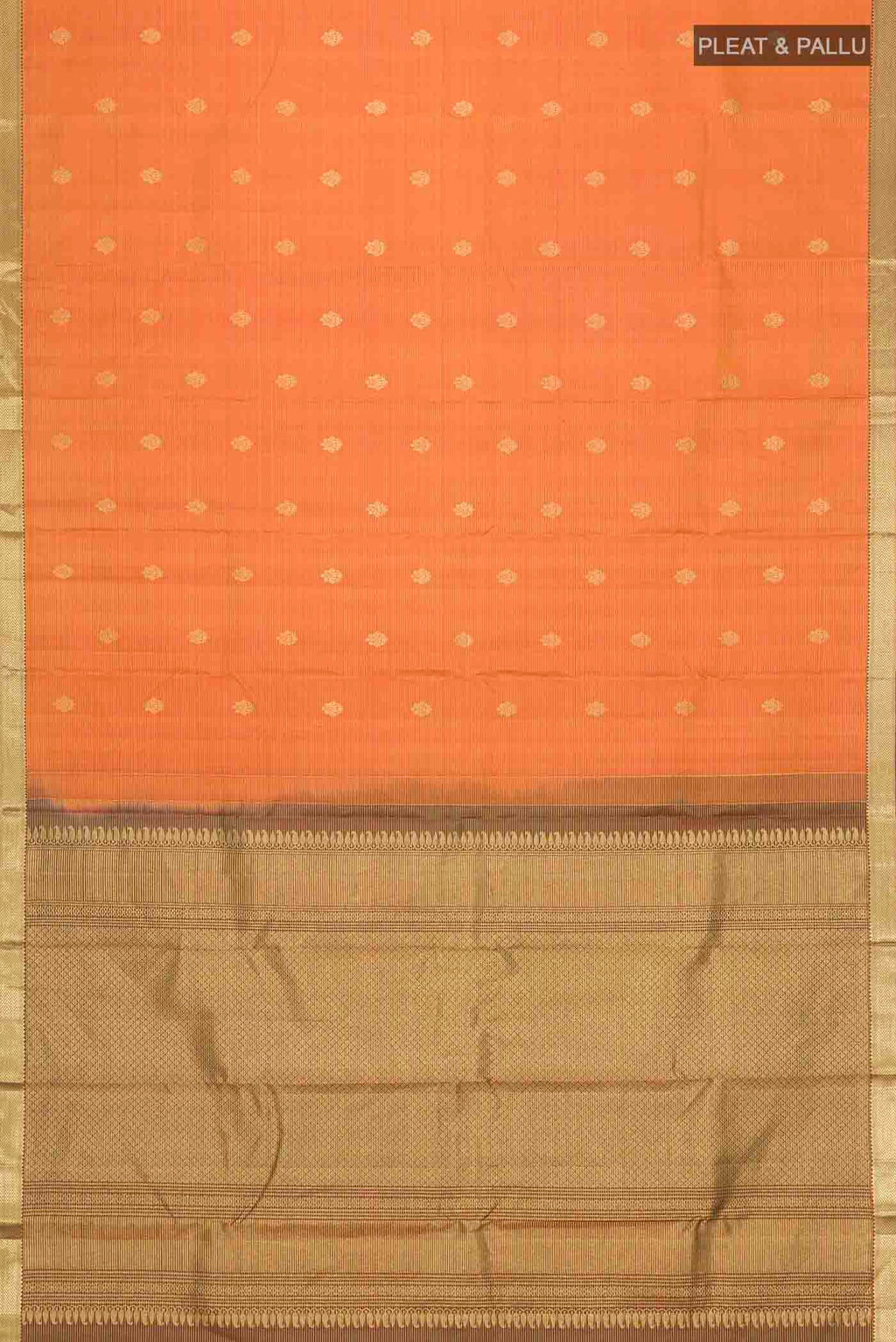 Flat view of Mustard Kanchipuram Silk Saree with Stripes on the body and Zari Border