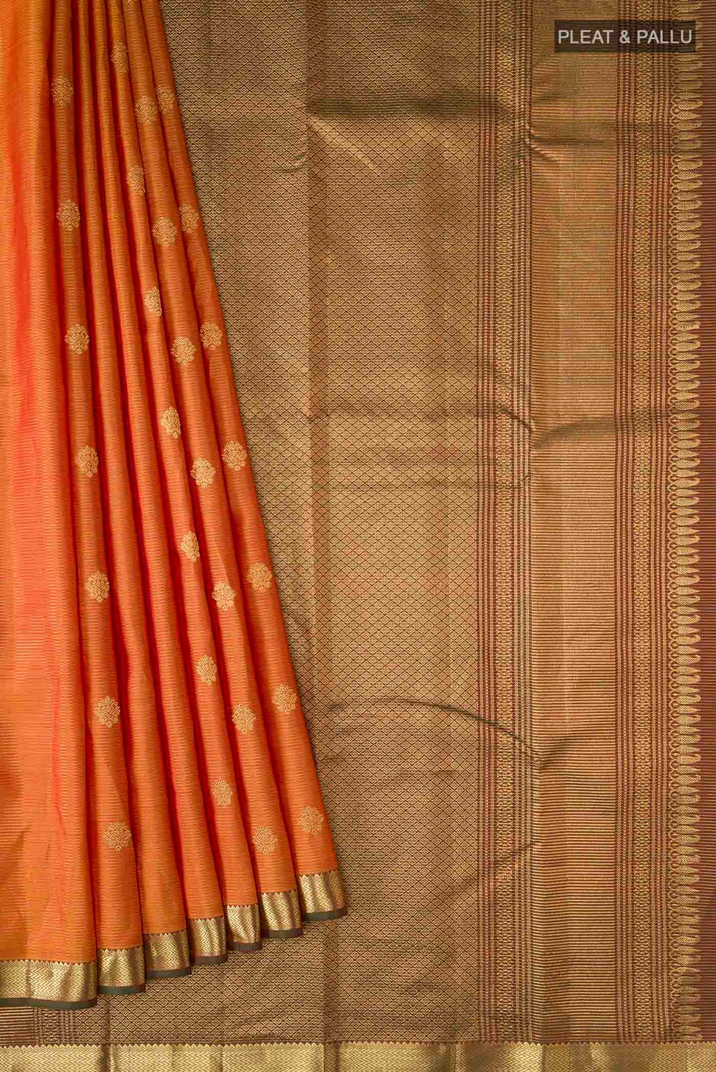 Pleats and pallu of Mustard Kanchipuram Silk Saree with Stripes on the body and Zari Border