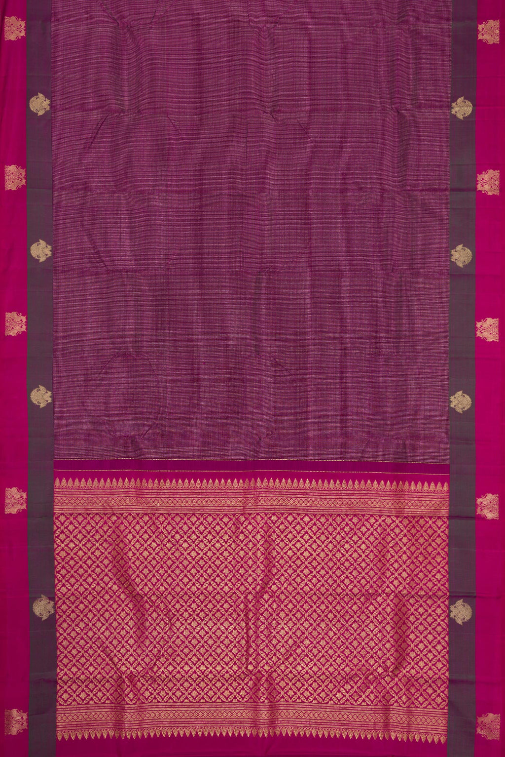 Flat view of Burgundy Dual Tone Kanchipuram Silk Saree with Stripes on the body and Fancy Border. 