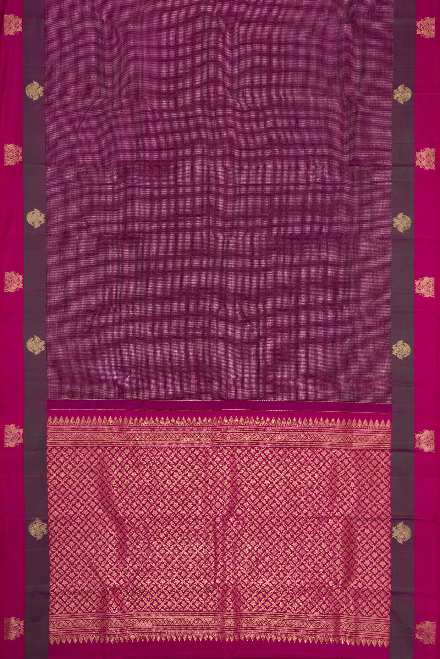 Flat view of Burgundy Dual Tone Kanchipuram Silk Saree with Stripes on the body and Fancy Border. 