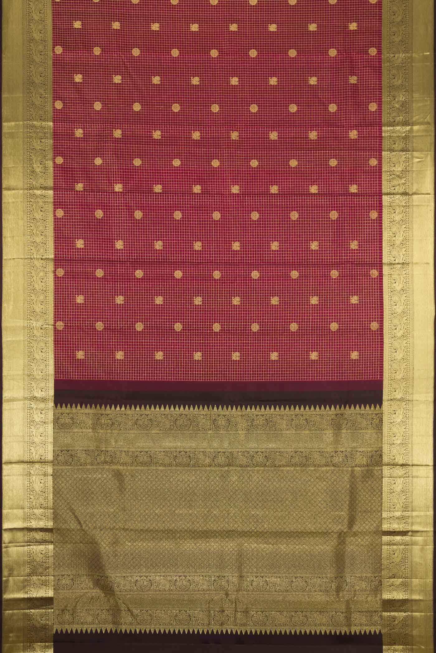 Flat view of Maroon Dual Tone Kanchipuram Silk Saree with Checked design on the body and Zari Border. 