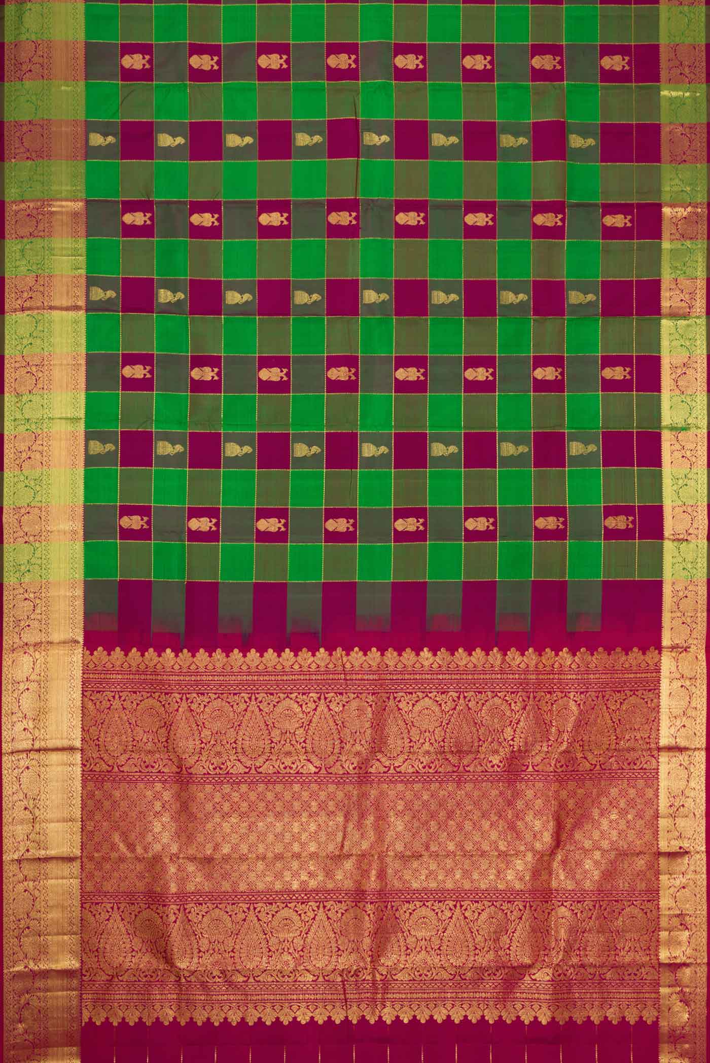 Flat view of Green and Purple Color Kanchipuram Silk Saree with Checked design on the body and Zari Border