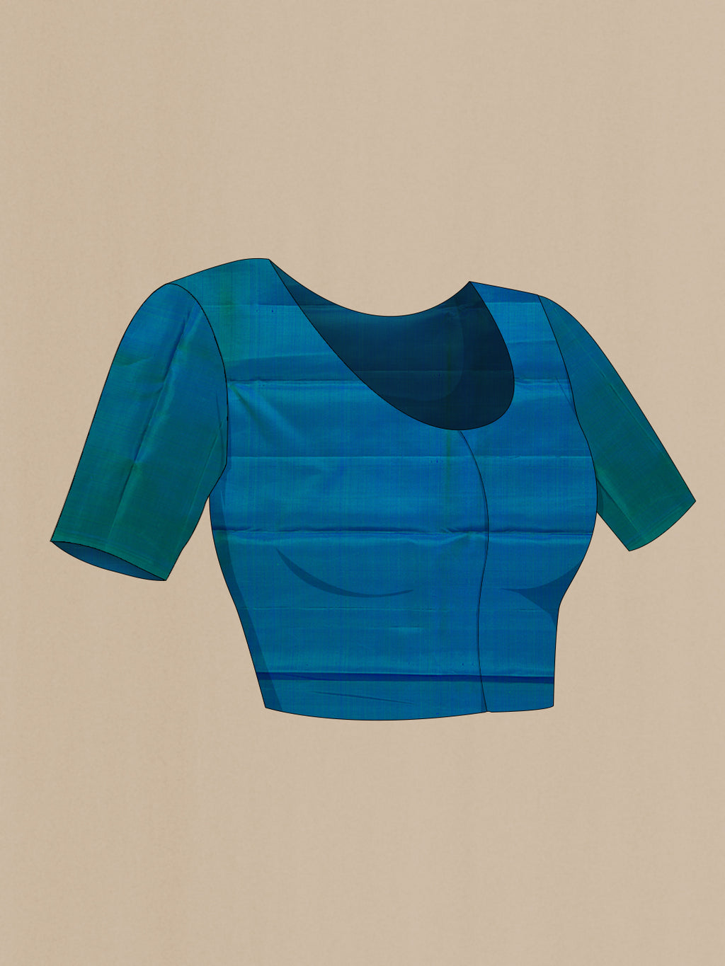 Close up image of the blouse of Peacock Blue Dual Tone Kanjivaram Silk Saree with Plain Body and Rising Temple Border. 