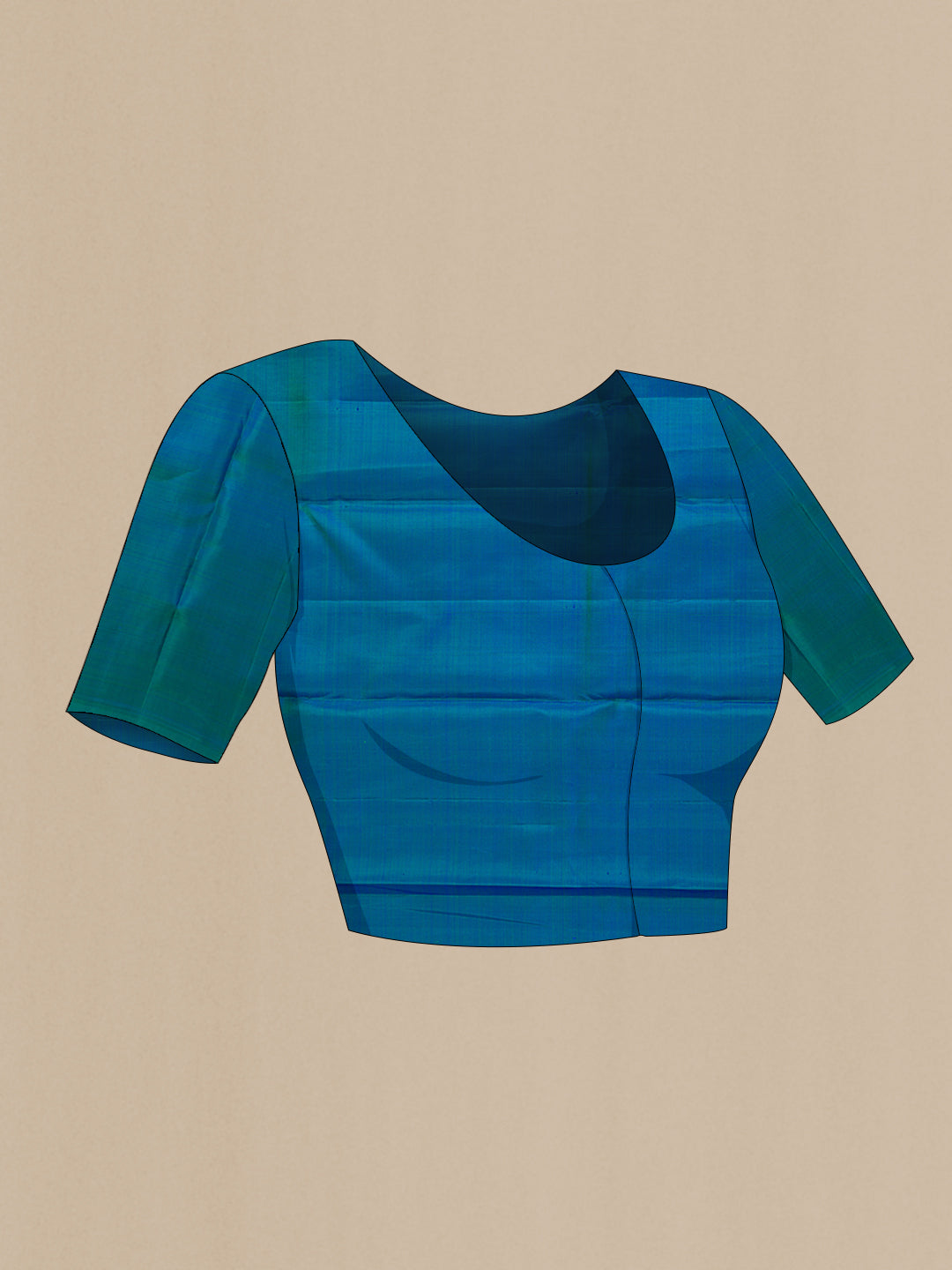 Close up image of the blouse of Peacock Blue Dual Tone Kanjivaram Silk Saree with Plain Body and Rising Temple Border. 