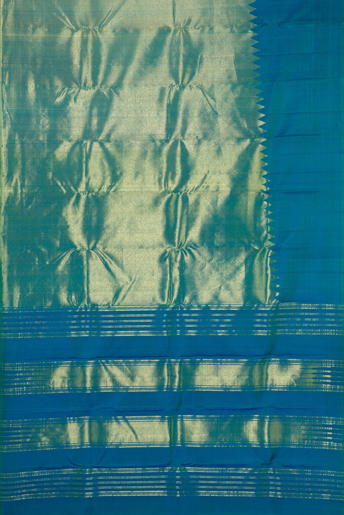 Flat view of Peacock Blue Dual Tone Kanjivaram Silk Saree with Plain Body and Rising Temple Border. 