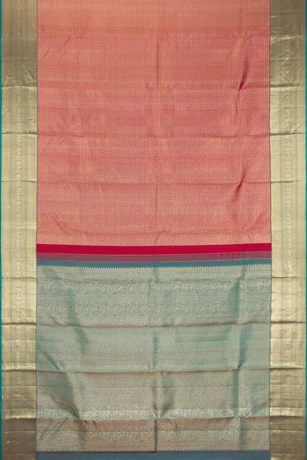Flat view of Maroon Kanjivaram Silk Saree with Zari Brocade on the body and Zari Border. 