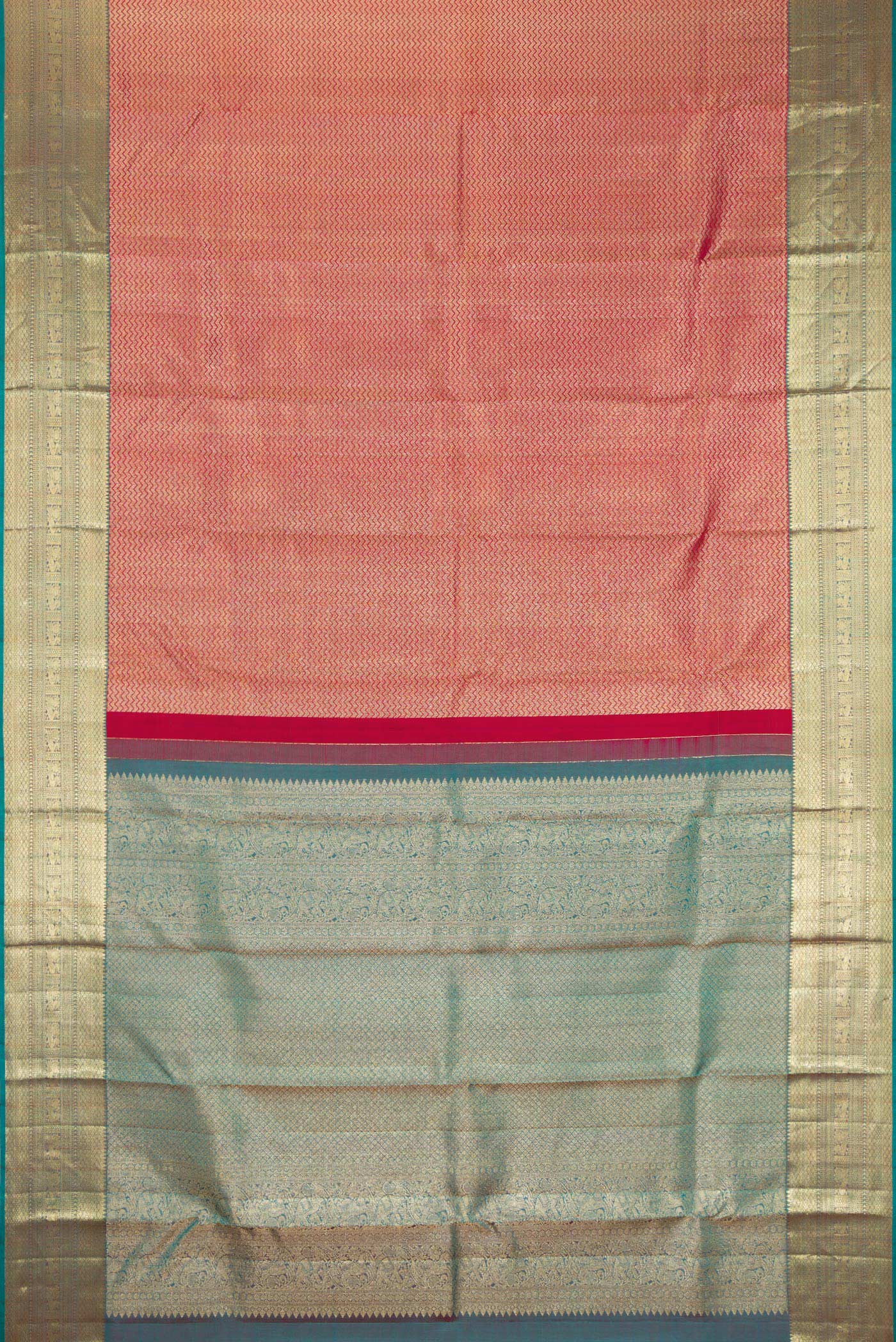 Flat view of Maroon Kanjivaram Silk Saree with Zari Brocade on the body and Zari Border. 
