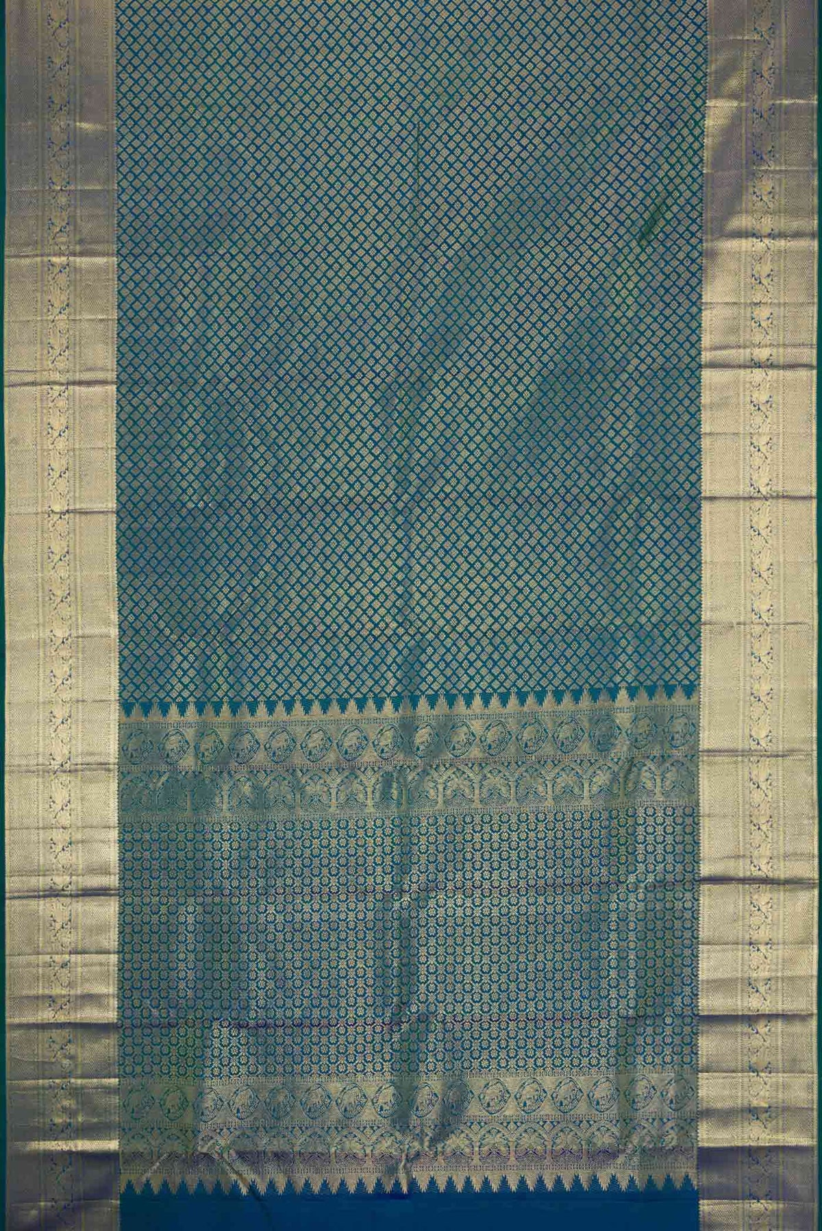 Flat view of Peacock Blue Dual Tone Kanchipuram Silk Saree with Zari Brocade on the body and Zari Border