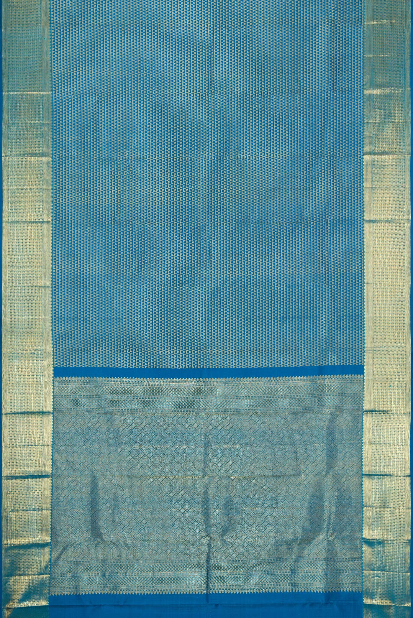 Flat view of Peacock Blue Dual Tone Kanjivaram Silk Saree with Zari Brocade on the body and Zari Border. 