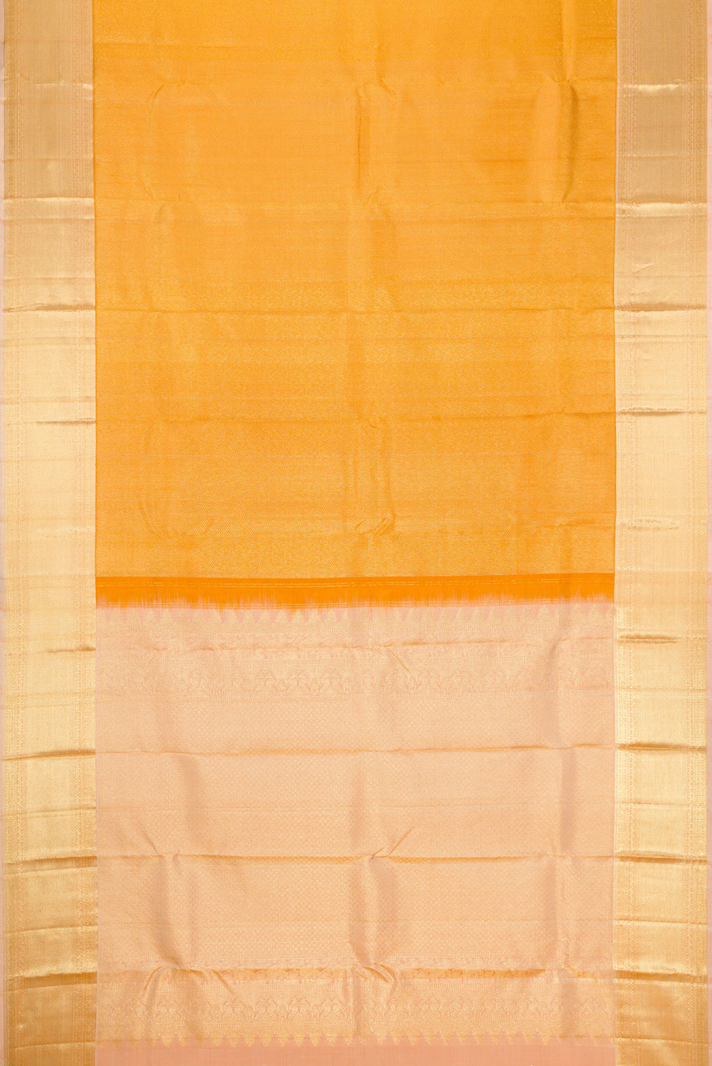 Flat view of Gold Dual Tone Kanjivaram Silk Saree with Zari Brocade on the body and Zari Border. 