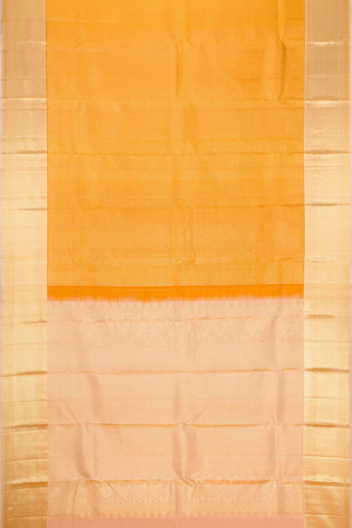 Flat view of Gold Dual Tone Kanjivaram Silk Saree with Zari Brocade on the body and Zari Border. 
