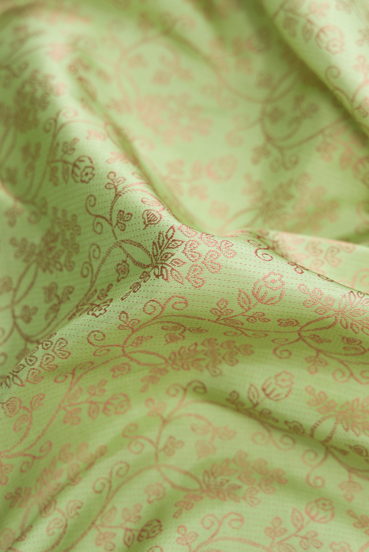 Close up of Pure Silk Pure Zari Pista Green Dual Tone Kanchipuram Saree with Jacquard design on the body and Fancy Border.  displaying folds