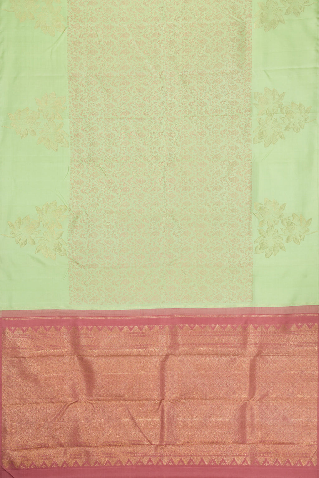 Flat view of Pure Silk Pure Zari Pista Green Dual Tone Kanchipuram Saree with Jacquard design on the body and Fancy Border. 