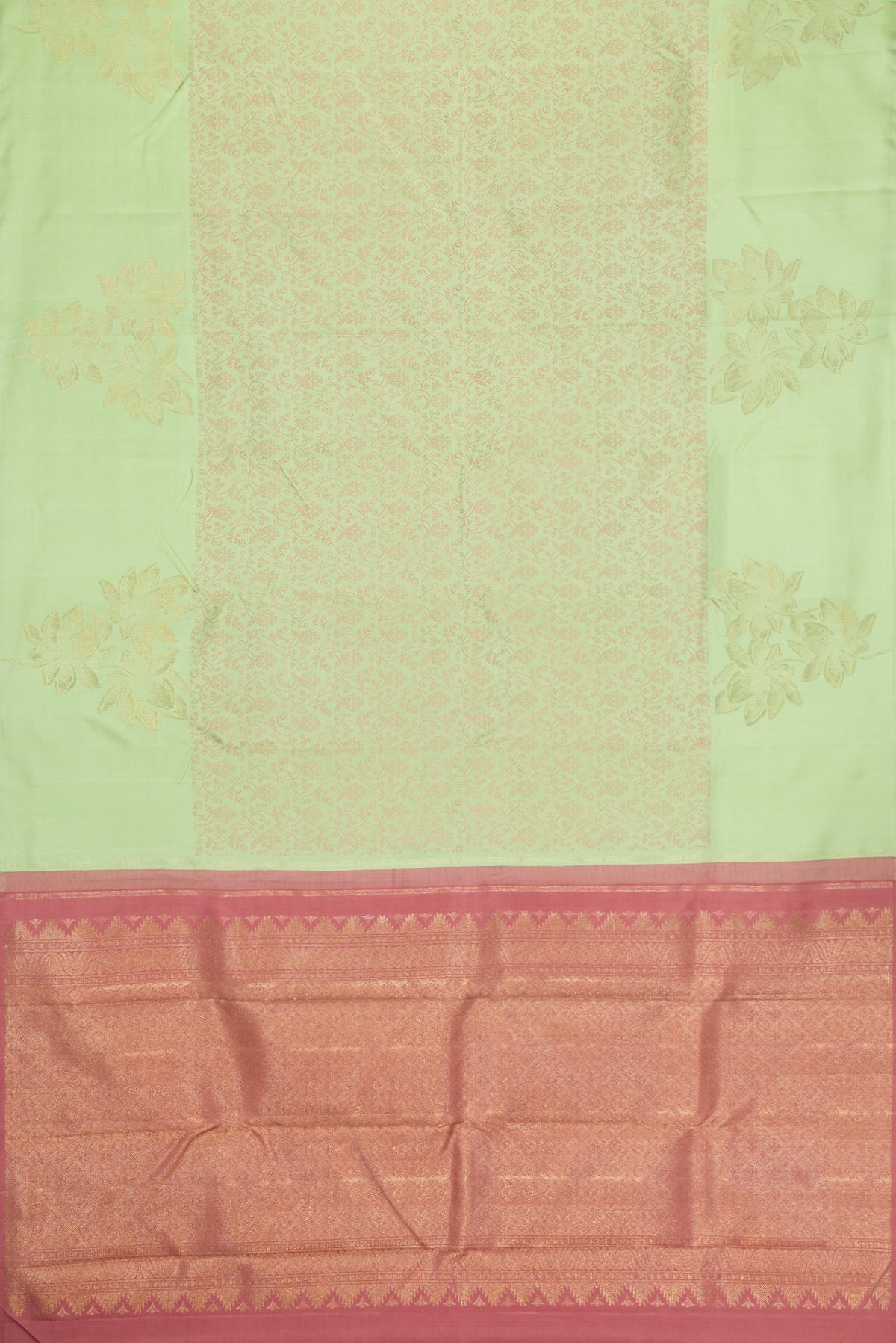 Flat view of Pure Silk Pure Zari Pista Green Dual Tone Kanchipuram Saree with Jacquard design on the body and Fancy Border. 