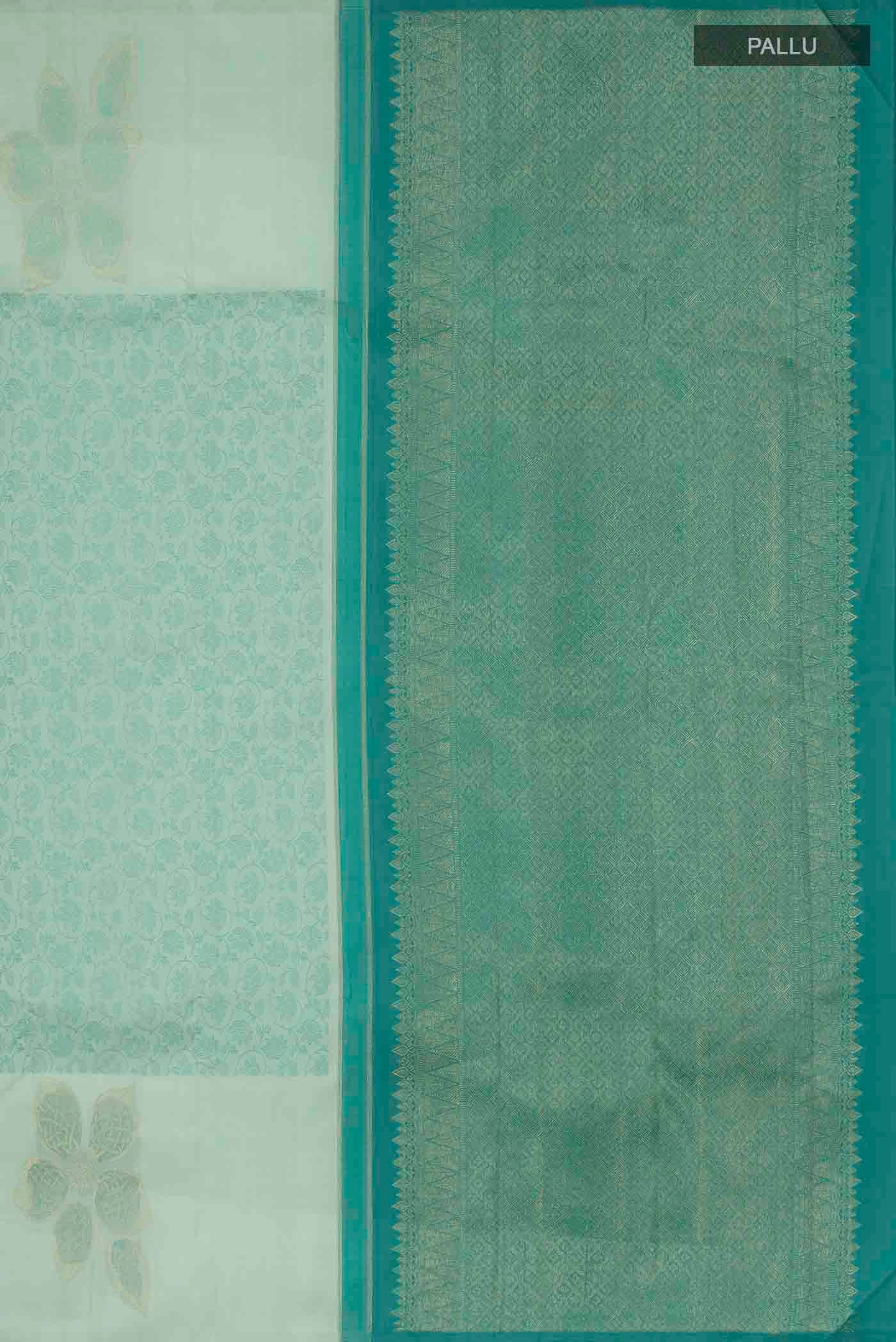 Close up image of the pallu of Green Kanchipuram Silk Saree with Jacquard design on the body and Zari Border