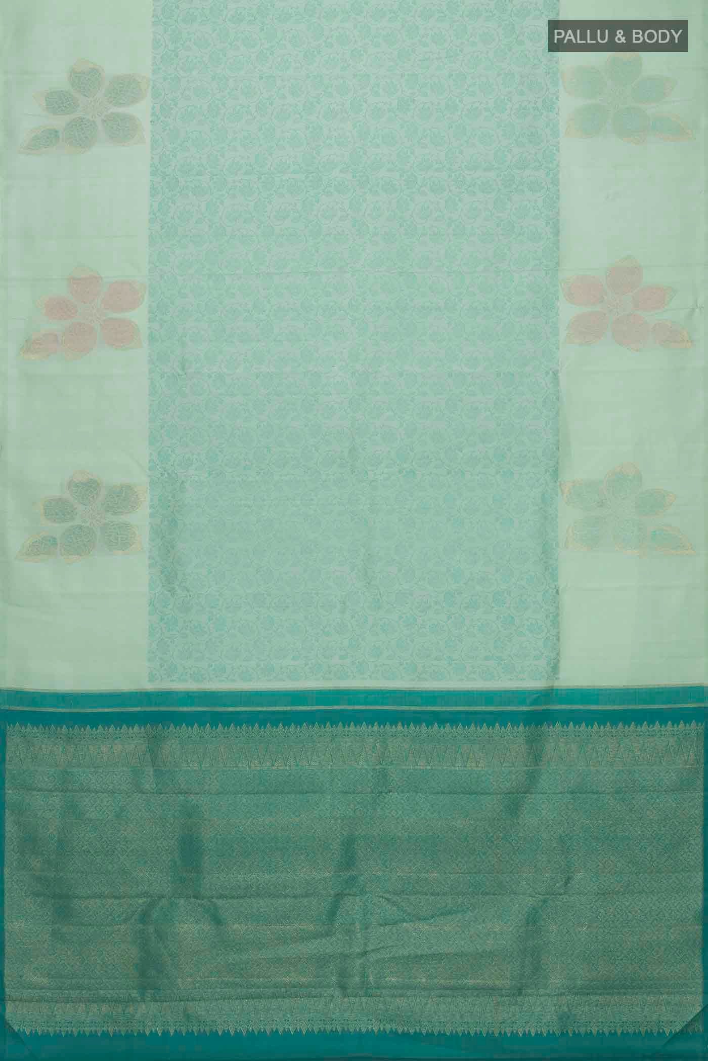 Flat view of Green Kanchipuram Silk Saree with Jacquard design on the body and Zari Border