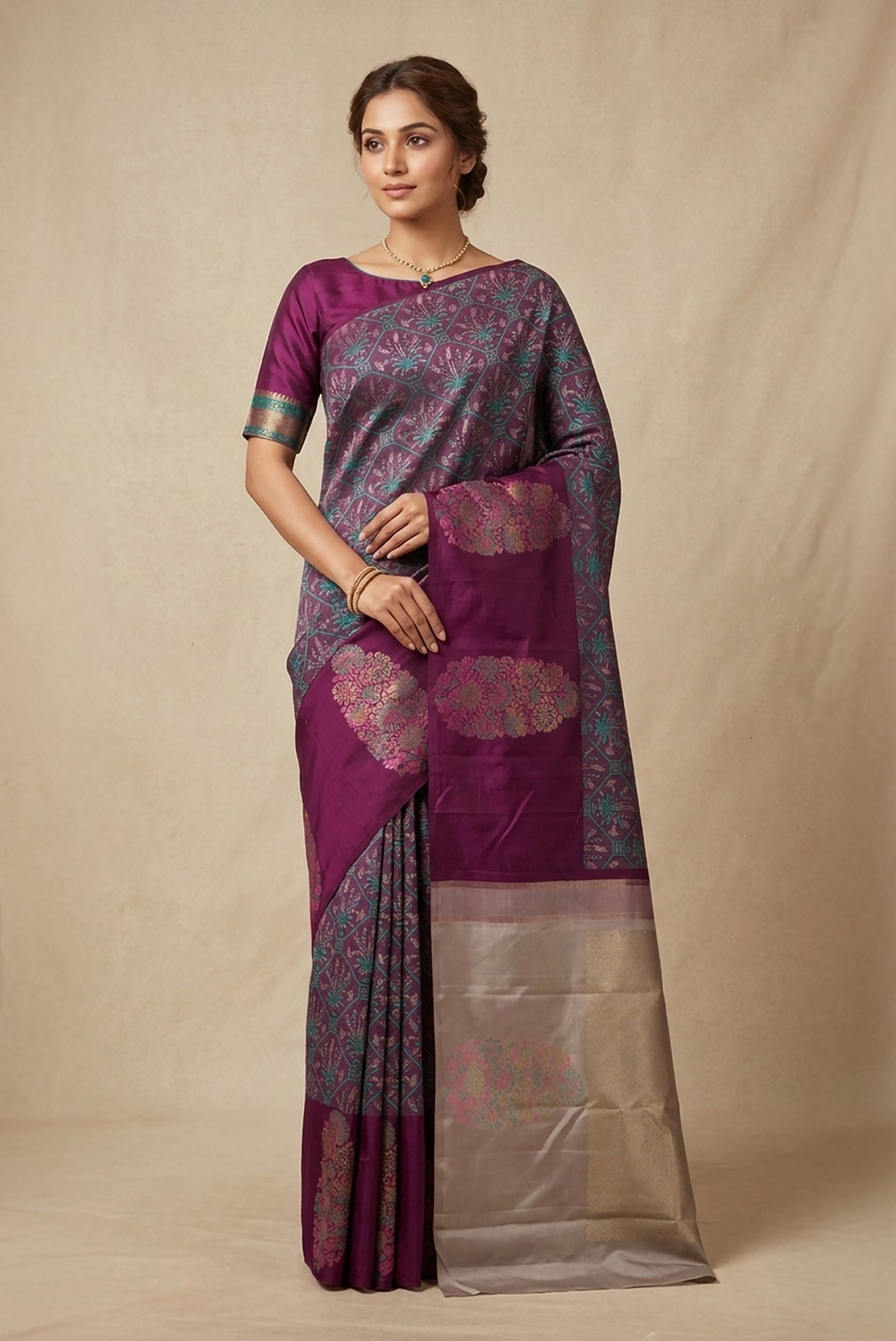 Model wearing a Burgundy Dual Tone Kanchipuram Silk Saree with Jacquard design on the body and Fancy Border.
