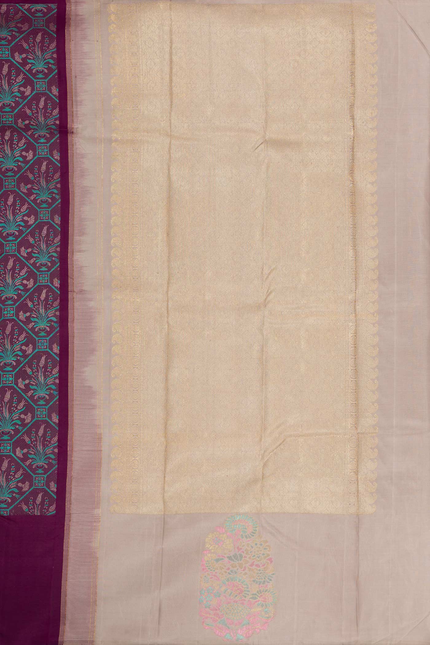 Close up image of the pallu of Burgundy Dual Tone Kanchipuram Silk Saree with Jacquard design on the body and Fancy Border