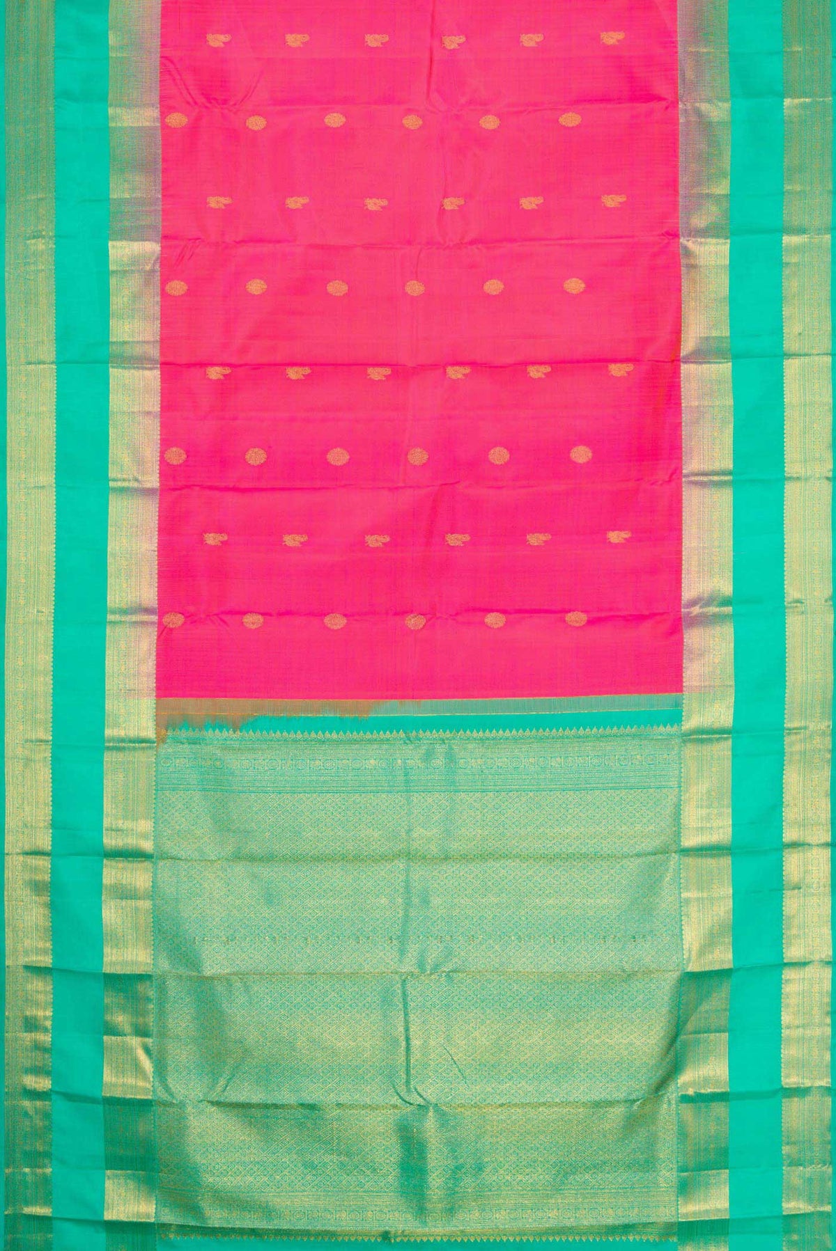 Flat view of Pink Dual Tone Kanchipuram Silk Saree with Zari Butta on the body and Zari Border