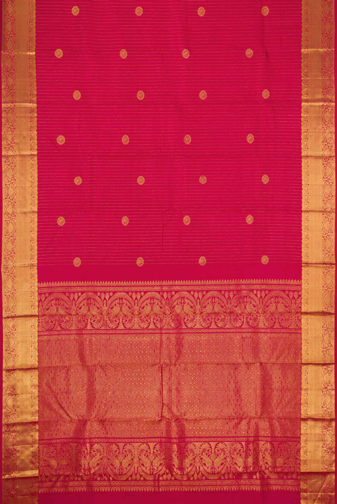Flat view of Dark Pink Dual Tone Kanchipuram Silk Saree with Zari Butta on the body and Zari Border