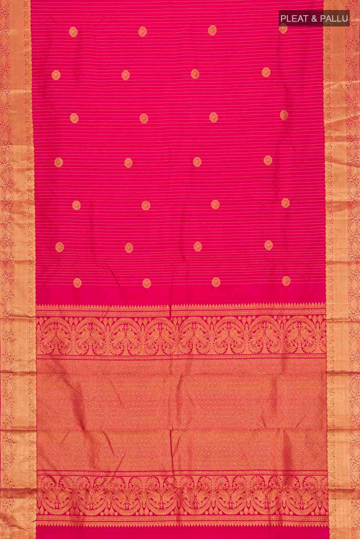 Flat view of Pink Kanchipuram Silk Saree with Stripes on the body and Zari Border