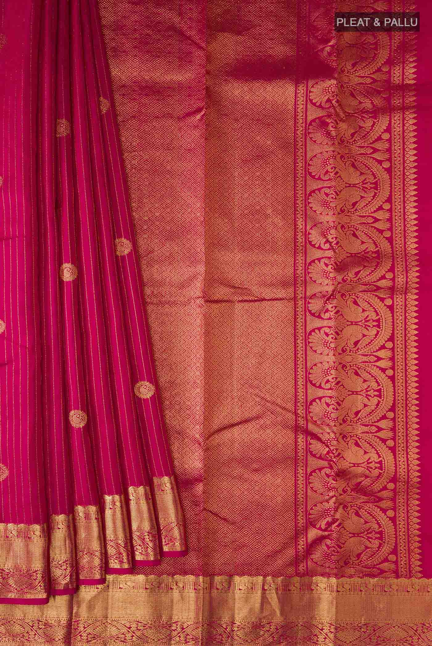 Pleats and pallu of Pink Kanchipuram Silk Saree with Stripes on the body and Zari Border