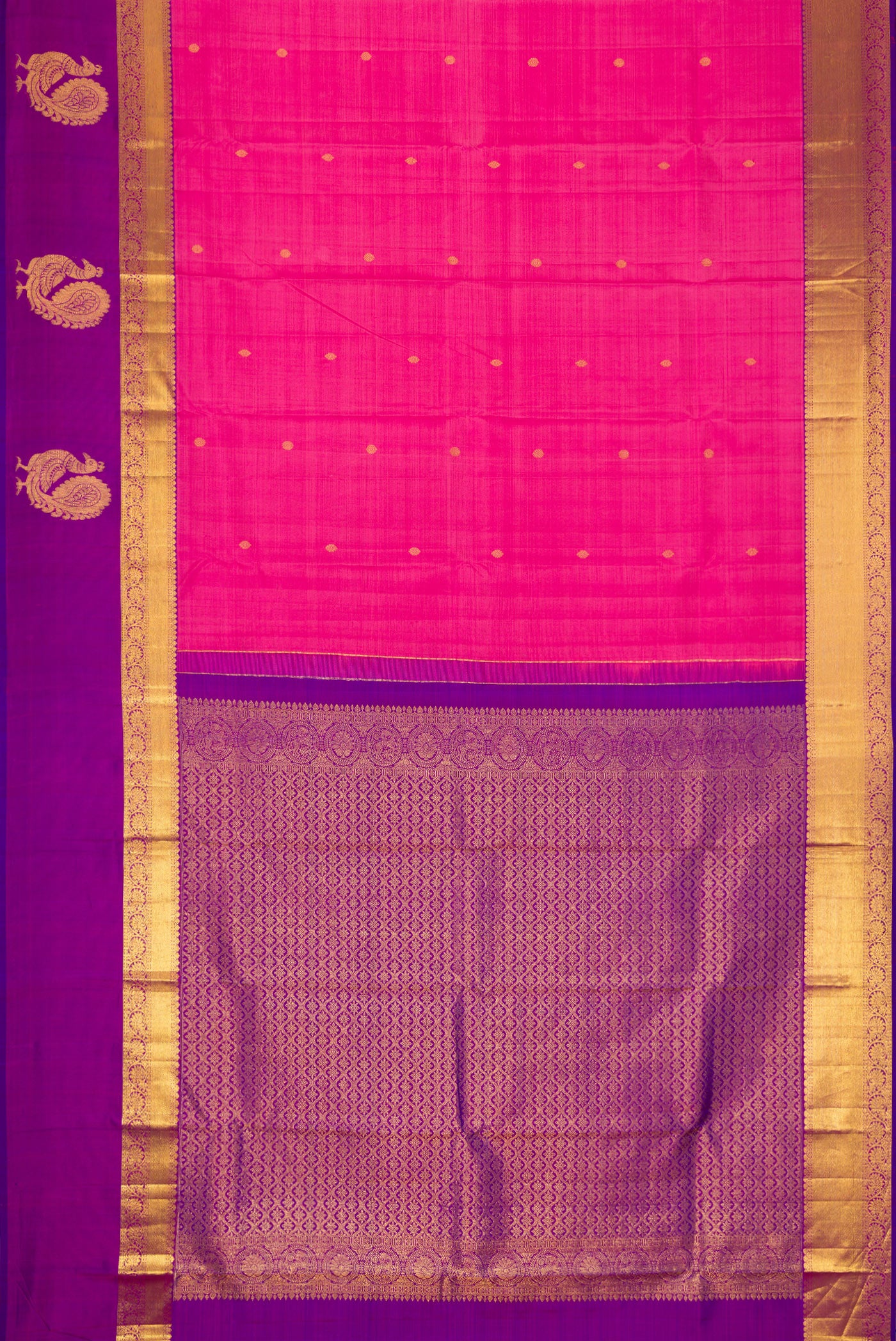 Flat view of Pink Dual Tone Kanchipuram Silk Saree with Zari Butta on the body and Fancy Border. 